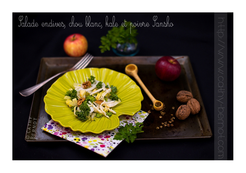 Salade endives, chou blanc et kale, poivre sansho